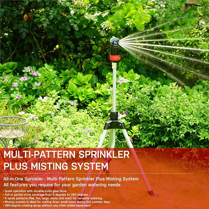 Eden 94150 Multi-Pattern Turbo Gear Drive Metal Tripod Sprinkler Plus One-Direction Misting System w/Quick Connect Starter Kit, 360 Degree Coverage