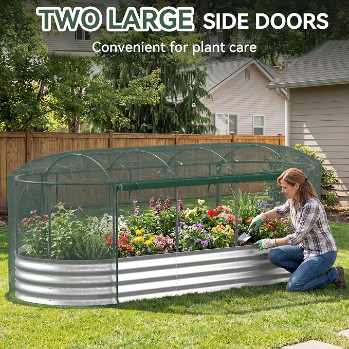 Lineware Raised Garden Bed with Self-Watering System, 8x3x1 ft Elevated Planter Boxes Outdoor with Mesh Cover, Oval Galvanized Raised Beds for Gardening,Vegetables,Flowers, Backyard, Patio