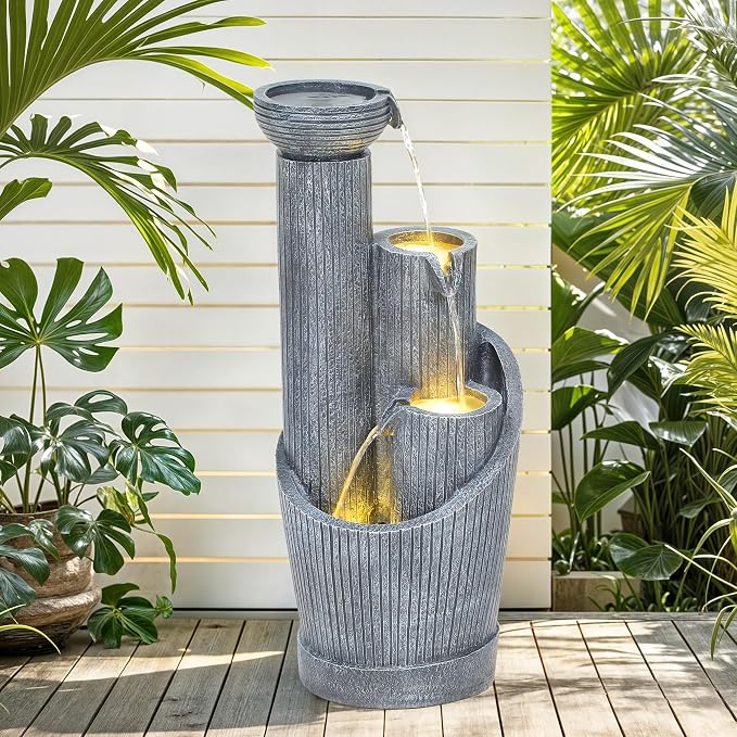 AUTODAYA 31" 5-Tier Twist Pedestal Outdoor Fountain LED Cascading Waterfall | geometric twist Pedestal Bowl design, fluted texture, patio garden, Backyard, Deck, or Porch