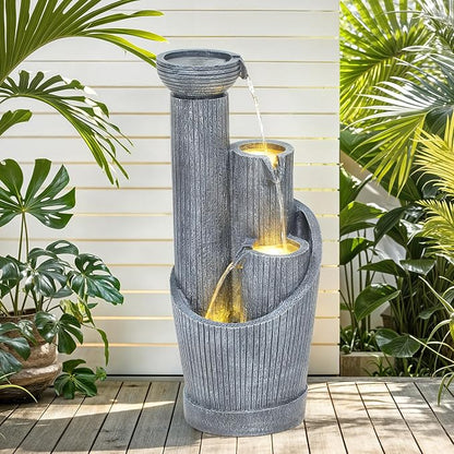AUTODAYA 31" 5-Tier Twist Pedestal Outdoor Fountain LED Cascading Waterfall | geometric twist Pedestal Bowl design, fluted texture, patio garden, Backyard, Deck, or Porch