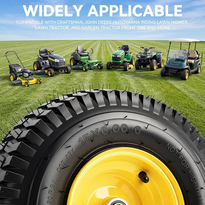 YITAMOTOR 15x6.00-6 Flat Free Lawn Mower Tires & Wheel Assemblies, 4 Ply Pneumatic Front Tires Replacement Fits John Deere, Lawn Tractors, More Riding Mowers | 3" Offset Hub, 3/4" Bearings (2 Pack)