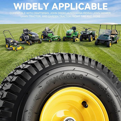 YITAMOTOR 15x6.00-6 Flat Free Lawn Mower Tires & Wheel Assemblies, 4 Ply Pneumatic Front Tires Replacement Fits John Deere, Lawn Tractors, More Riding Mowers | 3" Offset Hub, 3/4" Bearings (2 Pack)