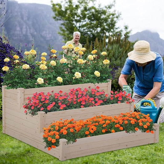 FDW 3 Tier Raised Garden Bed Outdoor Wooden Planter Box 48x48x29 ft Wood Elevated Planter Box with Divided Sections Open-Ended Base for Vegetables Flowers Herbs Plants