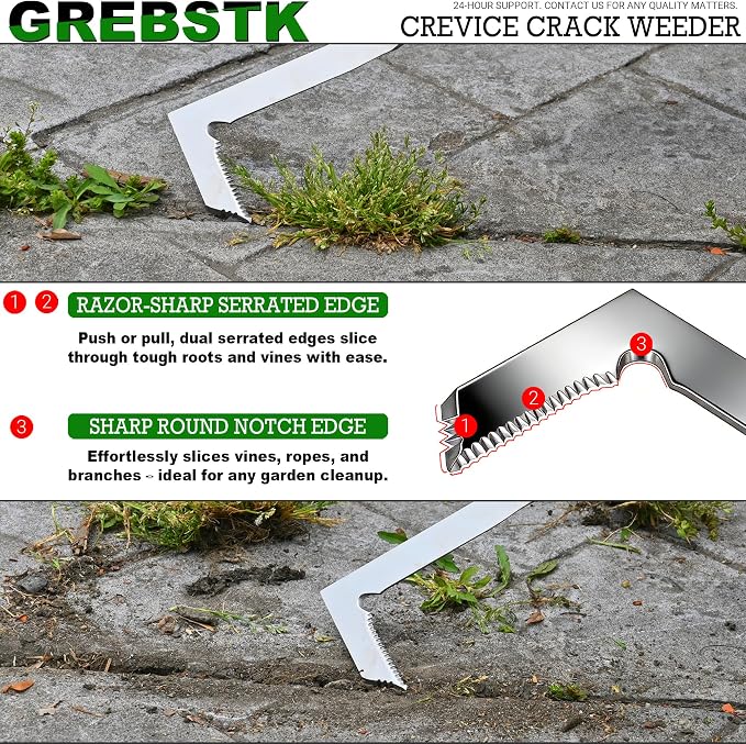 GREBSTK Crack Weeder Crevice Weeding Stainless Steel Sharp Lightweight Tool | Razor-Sharp Rust-Resistant L-Shaped Blade, Solid Beech Wood Non-Slip Handle, for Patio Cracks, Driveway Gaps, Walkway Edging