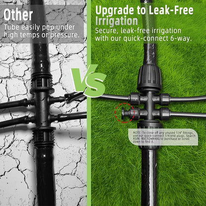 6 Pack 1/2'' to 1/4'' Drip Irrigation Fittings, Push-to-Fit 6 Way Drip Irrigation Part Barbed Tee Connectors, Anti-Leak Locked Splitter Fitting for 1/2" Irrigation Tubing (0.6''-0.67''OD)