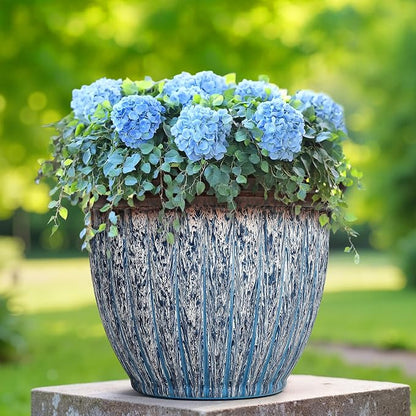 15" Large Flower Pots, 2-Pack Big Plastic Planters for Outdoor Plants | Plant Pot with 3D Textures, Artistic Floating Blue Brown Glaze, Weather-Resistant for Porch, Garden, Patio Yard or Indoor Use