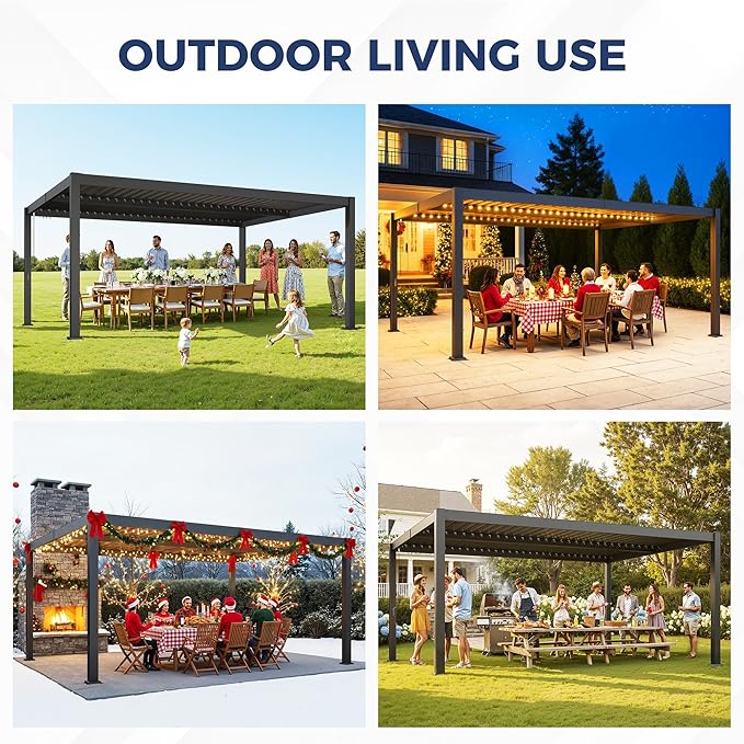 12' x 16' Louvered Pergola, Aluminum Frame Outdoor Pergola with Metal Adjustable Louvered Roof & Integrated Gutter System, Hardtop Patio Gazebo for Backyard, Patio, Garden, Dark Gray
