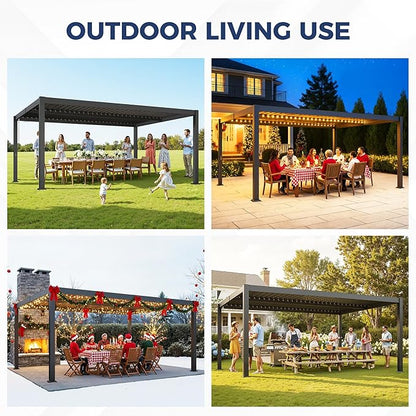 12' x 16' Louvered Pergola, Aluminum Frame Outdoor Pergola with Metal Adjustable Louvered Roof & Integrated Gutter System, Hardtop Patio Gazebo for Backyard, Patio, Garden, Dark Gray