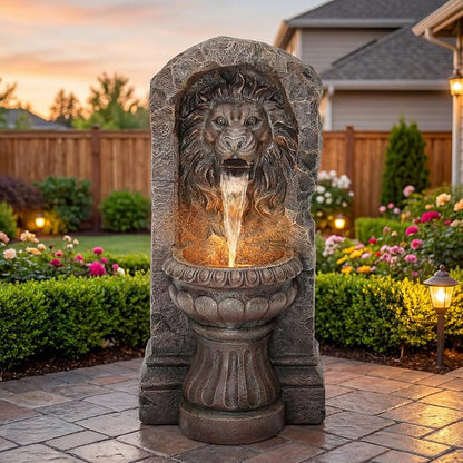 30" Lion Head Outdoor Water Fountain LED Stone Cascading Waterfall | faux granite stone texture, European courtyard, patio yard,Deck Floor Garden Decor