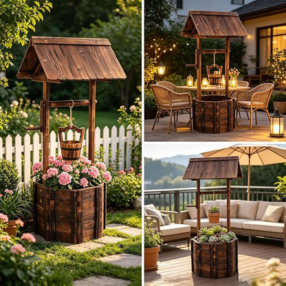 Wishing Well for Outside - Garden Wooden Decor Rustic Wishing Well Flower Pots, Height Adjustable Hanging Plant Pots with 2 Reinforced Rods for Patio Lawn Backyard Home Planters (Brown)