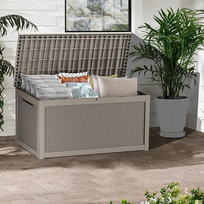 320 Gallon Outdoor Storage Box Waterproof, Lockable Resin Deck Box Large Storage Bin for Patio Furniture Cushion, Garden Tools, Pool Accessories, UV-Resistant Outside, Gray