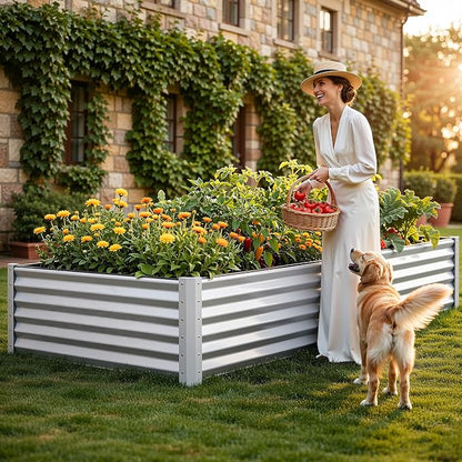 YITAHOME 2pcs 8x4x1.5ft Galvanized Raised Garden Bed, Metal Planter Box with Safety Rubber, Gloves, Outdoor Flower Bed for Planting Plants Vegetables, Silver