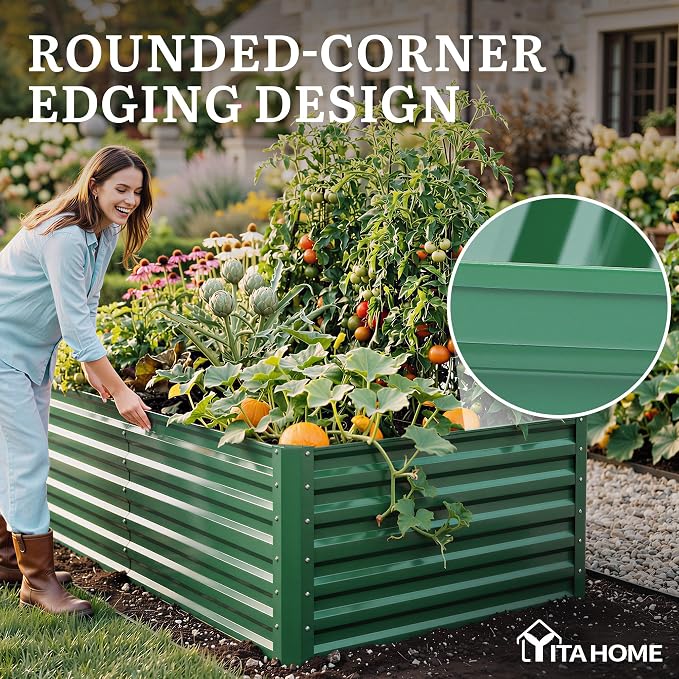 YITAHOME 6x3x2ft Galvanized Raised Garden Bed, Metal Planter Box with Safety Rubber, Gloves, Outdoor Flower Bed for Planting Plants Vegetables, Green