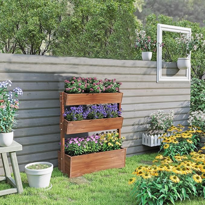 Raised Garden Bed,3 Tier Vertical Garden Planter,Planter Box,Fir Wood Adjustable Freestanding Elevated Herb Stand Tower,Flower Strawberry Vegetable for Outdoor Indoor Balcony,33x17x46,Brown
