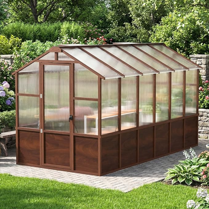 Jocoevol 6x12FT Greenhouse for Outdoors, Wooden Frame Polycarbonate Green House w/ Adjustable Roof Vent and Lockable Door Handle, Walk-in Greenhouses for Outside Garden Backyard