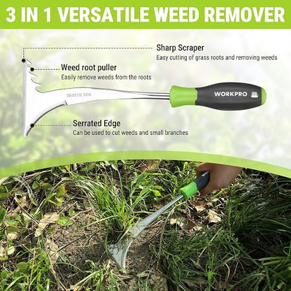 WORKPRO 3-Piece Weed Puller Tool Set | 15" 6-Tine Weed Remover, 12" Hand Weeder, 12.5" Crack Weeder, Stainless Steel with Ergonomic Handle for Lawn, Garden, Yard