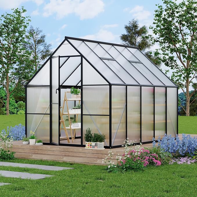 GarveeLife 8'x10' Aluminum-Framed Polycarbonate Greenhouse, Heavy Duty Polycarbonate Greenhouse with Quick Setup Structure and Roof Vent, Large Enhanced Aluminum Green House Kit for Outdoors