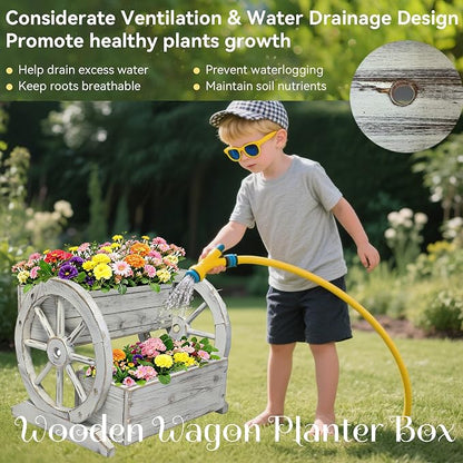 NestNature Wooden Wagon Planter Box|Raised Garden Bed W/Wheels for Plants | 2 Tier Classic Rustic Flower Pot Use Indoor&Outdoor Decor On Patio,Porch,Garden-Outdoor Planter For Flowers,Herbs,Vegetables