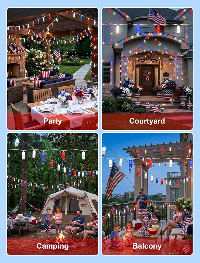 8.5Ft 4th of July String Lights, 10L LED Red White and Blue Shotgun Shell Lights Plug in for Home Classroom Porch Backyards Tree Patriotic Holiday Decorations, Indoor and Outdoor Use