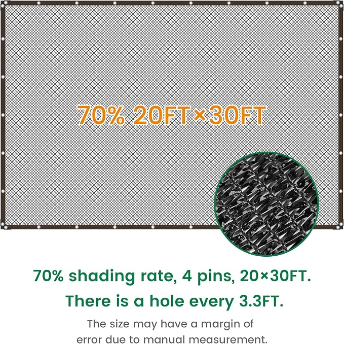 Shade Cloth, 20FT X 30FT 70% Black Outdoor Woven Sun Shade with Grommets, Durable Breathable Netting Shading Antifreezing for Patio, Garden, DIY Home, Plants Cover, Greenhouse, Dog Kennel