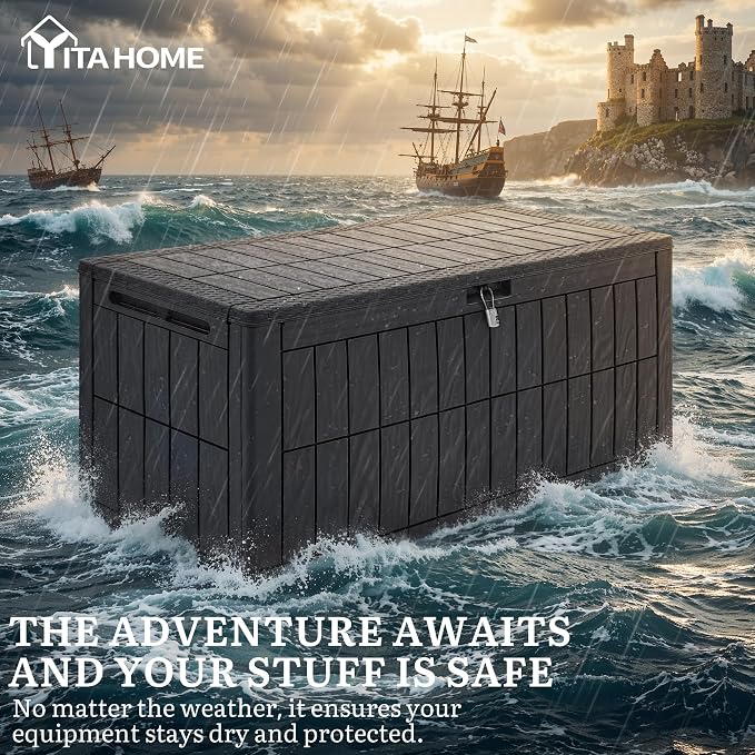 YITAHOME 110 Gallon Outdoor Deck Box | Waterproof Resin Storage Box with Lock, Lockable Patio Furniture Bin, 2-Person Bench Seating for Outdoor Cushions, Garden