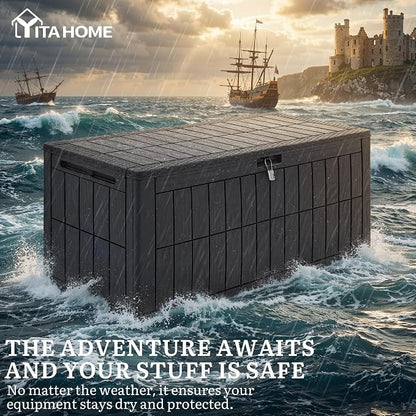 YITAHOME 110 Gallon Outdoor Deck Box | Waterproof Resin Storage Box with Lock, Lockable Patio Furniture Bin, 2-Person Bench Seating for Outdoor Cushions, Garden