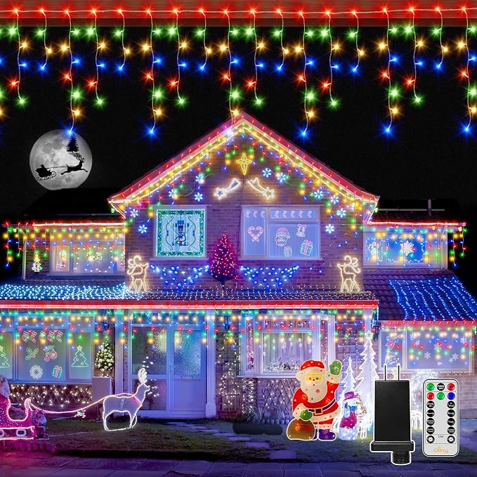 Ollny Icicle Lights for Outside 720LED 60FT, Multicolor Christmas Lights with Remote 8 Modes Dimmable, Waterproof Connectable Timer Hanging Light for House Outdoor Yard Indoor Decorations