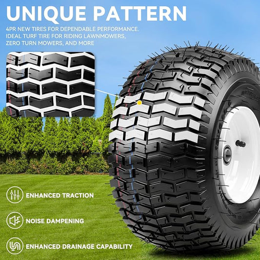 YITAMOTOR 15x6.00-6 Flat Free Lawn Mower Tires & Wheel Assemblies, 4 Ply Pneumatic Front Tires Replacement Fits John Deere, Lawn Tractors, More Riding Mowers | 3" Centered Hub, 3/4" Bearings (2 Pack)