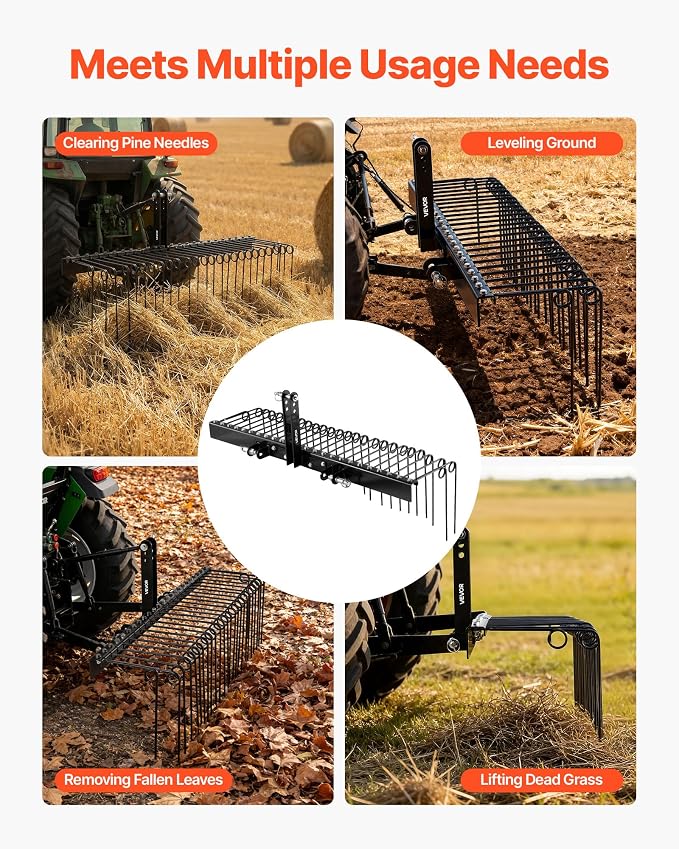 VEVOR 60 in Tow Behind Landscape Rake, 3 Point Hitch Lawn Dethatcher Rake, 26 Spring Steel Tines, for Category 1 Tractors, Heavy Duty & Rust-Resistant Rakes Tractor Attachments for Leaves Pine Needles