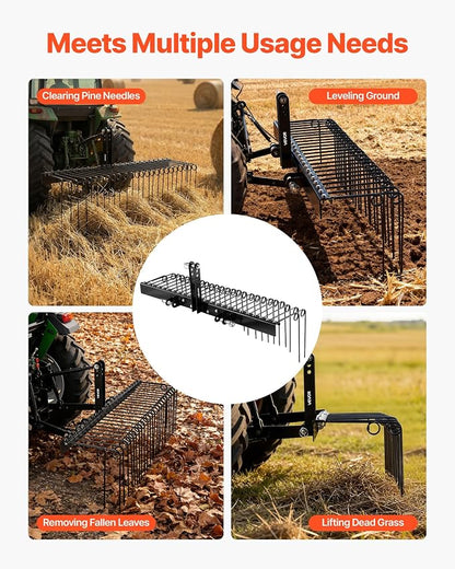 VEVOR 60 in Tow Behind Landscape Rake, 3 Point Hitch Lawn Dethatcher Rake, 26 Spring Steel Tines, for Category 1 Tractors, Heavy Duty & Rust-Resistant Rakes Tractor Attachments for Leaves Pine Needles