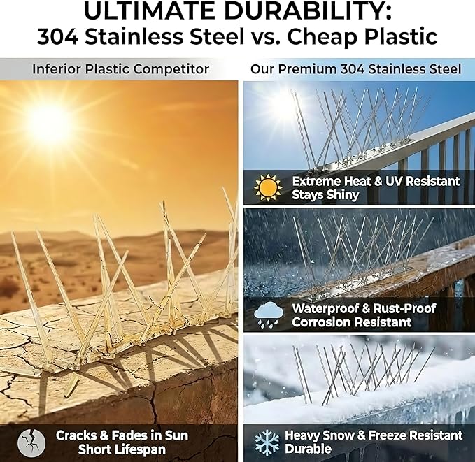 Stainless Steel Bird Spikes for Outside, Anti Bird Deterrent Spikes for Woodpeckers, Squirrels, Raccoons，Weatherproof Fence Spikes for Roof, Railing,Patio, 16.4 Feet