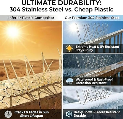 Stainless Steel Bird Spikes for Outside, Anti Bird Deterrent Spikes for Woodpeckers, Squirrels, Raccoons，Weatherproof Fence Spikes for Roof, Railing,Patio, 16.4 Feet
