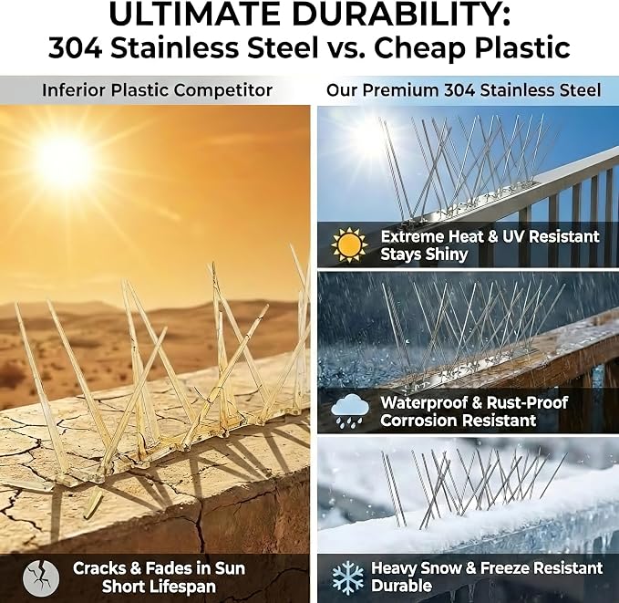 Stainless Steel Bird Spikes for Outside, Anti Bird Deterrent Spikes for Woodpeckers, Squirrels, Raccoons, Weatherproof Fence Spikes for Roof, Railing,Patio, 3.28 Feet