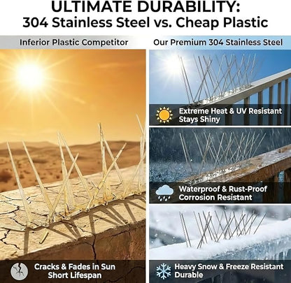 Stainless Steel Bird Spikes for Outside, Anti Bird Deterrent Spikes for Woodpeckers, Squirrels, Raccoons, Weatherproof Fence Spikes for Roof, Railing,Patio, 3.28 Feet