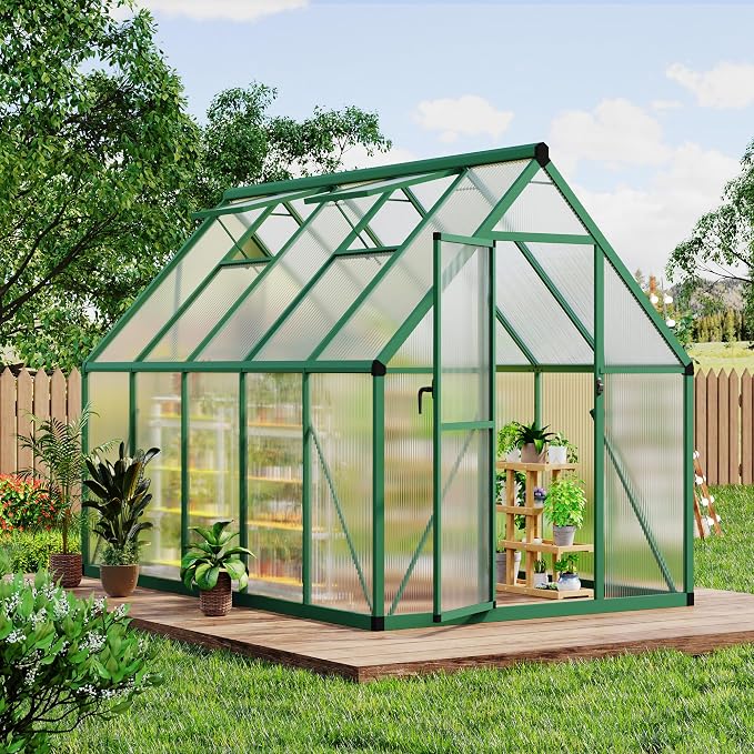 CABIHOME 8x12 FT Outdoor Greenhouse, Polycarbonate Greenhouse with Roof Vent and Ground Nails, Aluminum Large Walk-in Green House w/ Lockable Push Door for Outdoor Garden (Green, 6x9 FT)