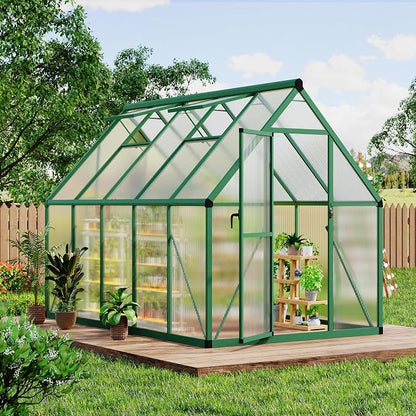 CABIHOME 8x12 FT Outdoor Greenhouse, Polycarbonate Greenhouse with Roof Vent and Ground Nails, Aluminum Large Walk-in Green House w/ Lockable Push Door for Outdoor Garden (Green, 6x9 FT)