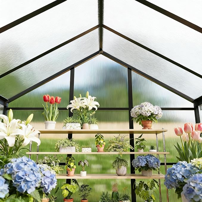 8x10 FT Greenhouse for Outdoors, Polycarbonate Greenhouse with Quick Setup Structure and Roof Vent, Aluminum Large Walk-in Green House for Outside Garden Backyard,Charcoal Black