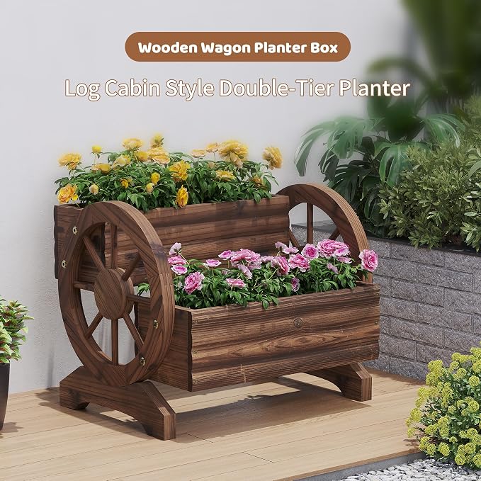 Wooden Wagon Planters for Outdoor Plants, Flower Cart, Wood Planter Boxes Outdoor, Backyard Decor, Flower Planters Outdoor with Wheels Planter for Flowers Vegetables (Carbonized)