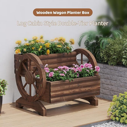 Wooden Wagon Planters for Outdoor Plants, Flower Cart, Wood Planter Boxes Outdoor, Backyard Decor, Flower Planters Outdoor with Wheels Planter for Flowers Vegetables (Carbonized)