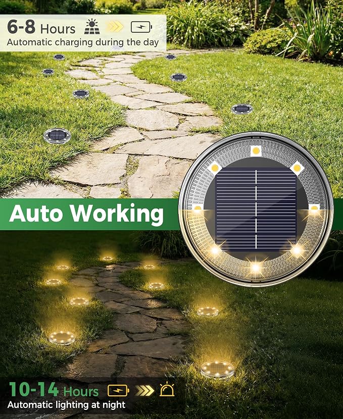 LOTMOS 10 Pack Solar Ground Lights Outdoor, 8 LED Solar Flat Lights IP68 Waterproof Disc Light, Landscape Lighting Solar Powered for Garden Yard Path Driveway Lawn Patio Walkway, Warm White