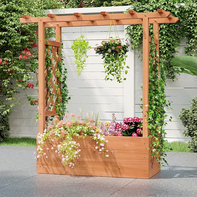 HAPPYGRILL Raised Garden Bed with Trellis, Wooden Elevated Planter Box w/Hanging Roof, Drainage Holes & Removable Bottom Panels for Climbing Vine Flower, Indoor Outdoor Wood Planter for Yard Patio