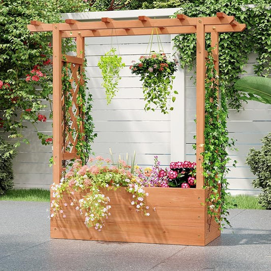 HAPPYGRILL Raised Garden Bed with Trellis, Wooden Elevated Planter Box w/Hanging Roof, Drainage Holes & Removable Bottom Panels for Climbing Vine Flower, Indoor Outdoor Wood Planter for Yard Patio