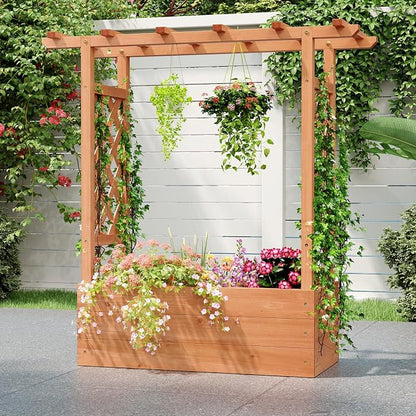 HAPPYGRILL Raised Garden Bed w/Trellis, 2 Wooden Elevated Planter Box w/Hanging Roof, Drainage Holes & Removable Bottom Panels for Climbing Vine Flower, Indoor Outdoor Wood Planter for Yard Patio