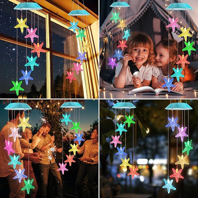Solar Starfish Gift for Mom Grandma Girls, Colorful Solar Wind Chimes for Outside, Outdoor Decorative Mobile Lights for Garden, Yard, Patio, Window, Party, Outdoor Decorations