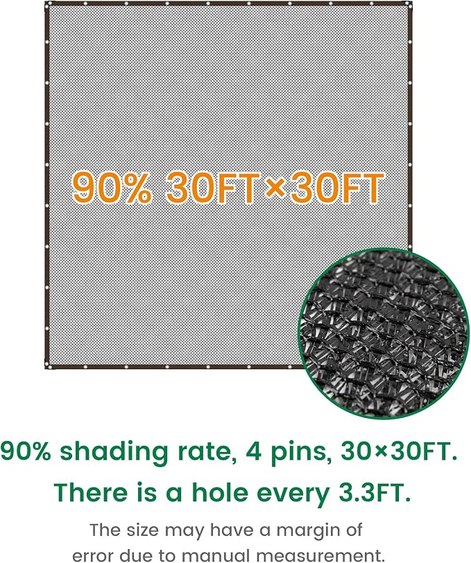 Shade Cloth, 30FT X 30FT 90% Black Outdoor Woven Sun Shade with Grommets, Durable Breathable Netting Shading Antifreezing for Patio, Garden, DIY Home, Plants Cover, Greenhouse, Dog Kennel