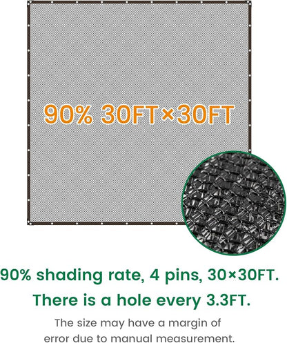 Shade Cloth, 30FT X 30FT 90% Black Outdoor Woven Sun Shade with Grommets, Durable Breathable Netting Shading Antifreezing for Patio, Garden, DIY Home, Plants Cover, Greenhouse, Dog Kennel