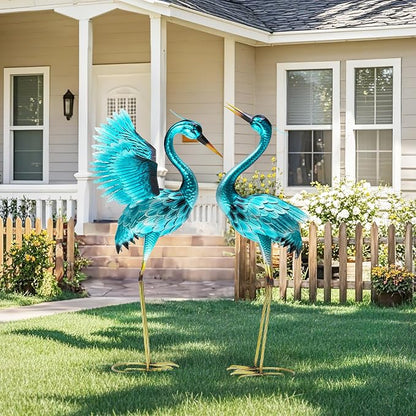 36.8" Metal Crane Garden Statue, Oversized Heron Yard Decor | Handcrafted with 3DTexture, Hand-Painted, U-ground Stakes for Stability, Weather Resistant Iron, Backyard Lawn Pond Patio