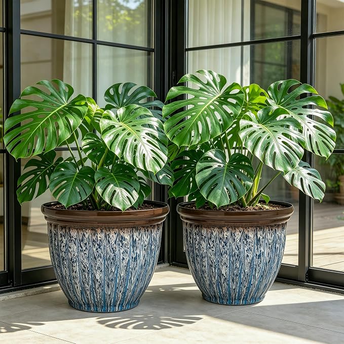 15" Large Flower Pots, 2-Pack Big Plastic Planters for Outdoor Plants | Plant Pot with 3D Textures, Artistic Floating Blue Brown Glaze, Weather-Resistant for Porch, Garden, Patio Yard or Indoor Use