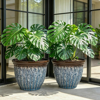 15" Large Flower Pots, 2-Pack Big Plastic Planters for Outdoor Plants | Plant Pot with 3D Textures, Artistic Floating Blue Brown Glaze, Weather-Resistant for Porch, Garden, Patio Yard or Indoor Use