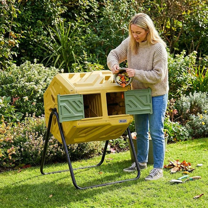 Werph 43 Gal Outdoor Compost Bin for Garden & Kitchen Waste, Yellow | Fast Assembly, Dual Chamber with Aeration System, 360° Rotating, Tumbling Composting Bin for Kitchen, Garden, Yard